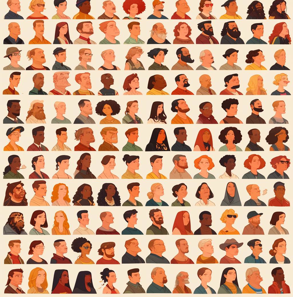 An illustration of over one thousand diverse avatars arranged in rows and columns, each representing different people with various hair colors, skin tones, styles, body shapes, or facial features. The background should be flat to highlight the variety among these avatar images. Each row could include between five and ten avatars. This design would create a visually dynamic pattern that captures diversity across multiple aspects such as gender, age group, nationalities, etc., making it suitable for social media profile pictures or digital art projects.