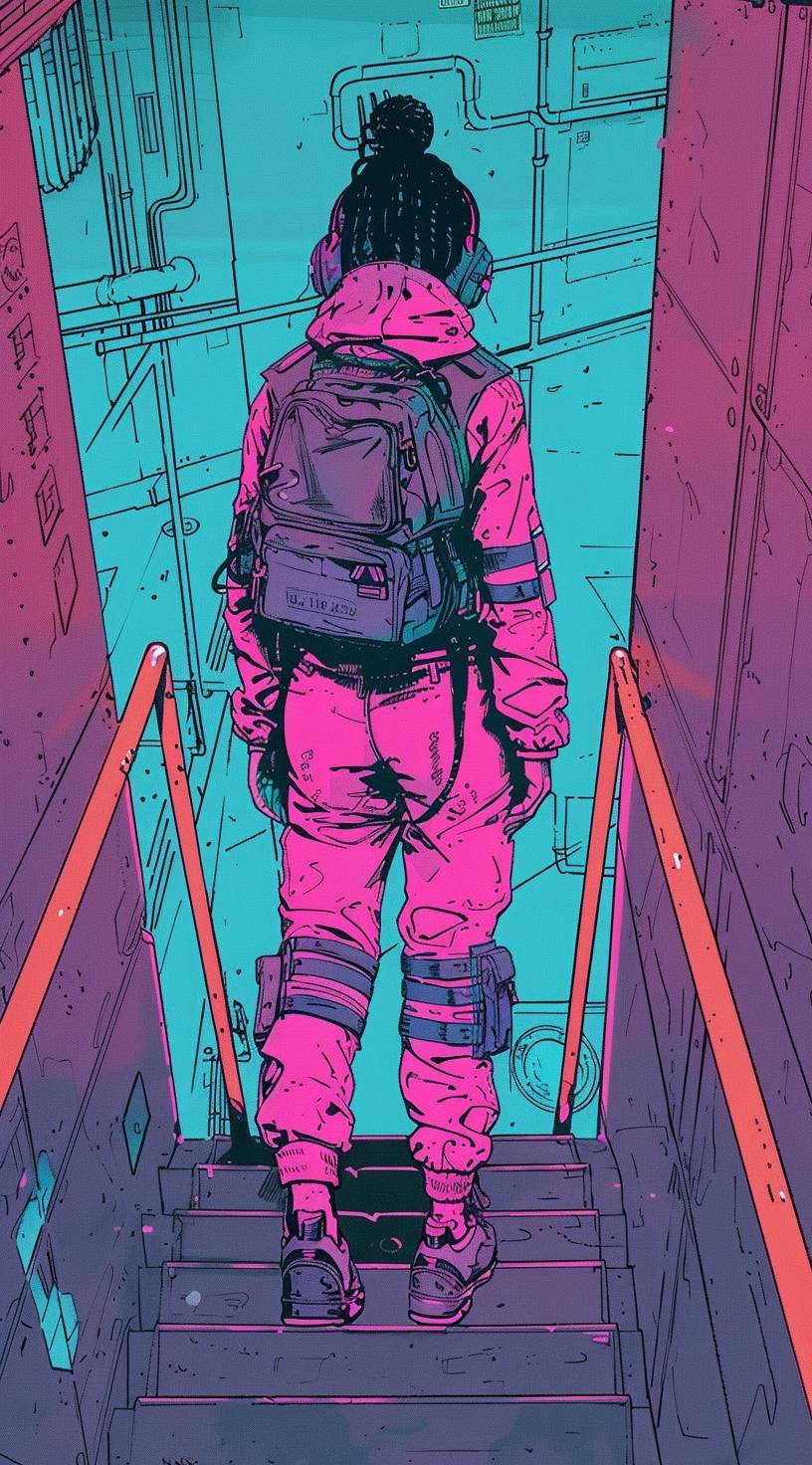 A lady in a colorful outfit reminiscent of cyberpunk manga, josan gonzalez's style, standing in the gangway. The outfit features sky-blue and pink colors, creating a strong sense of realism. The artwork incorporates the theme of transportcore and includes meticulously crafted blink-and-you-miss-it details. It follows a vaporpunk style. --ar 71:128  --v 6.0