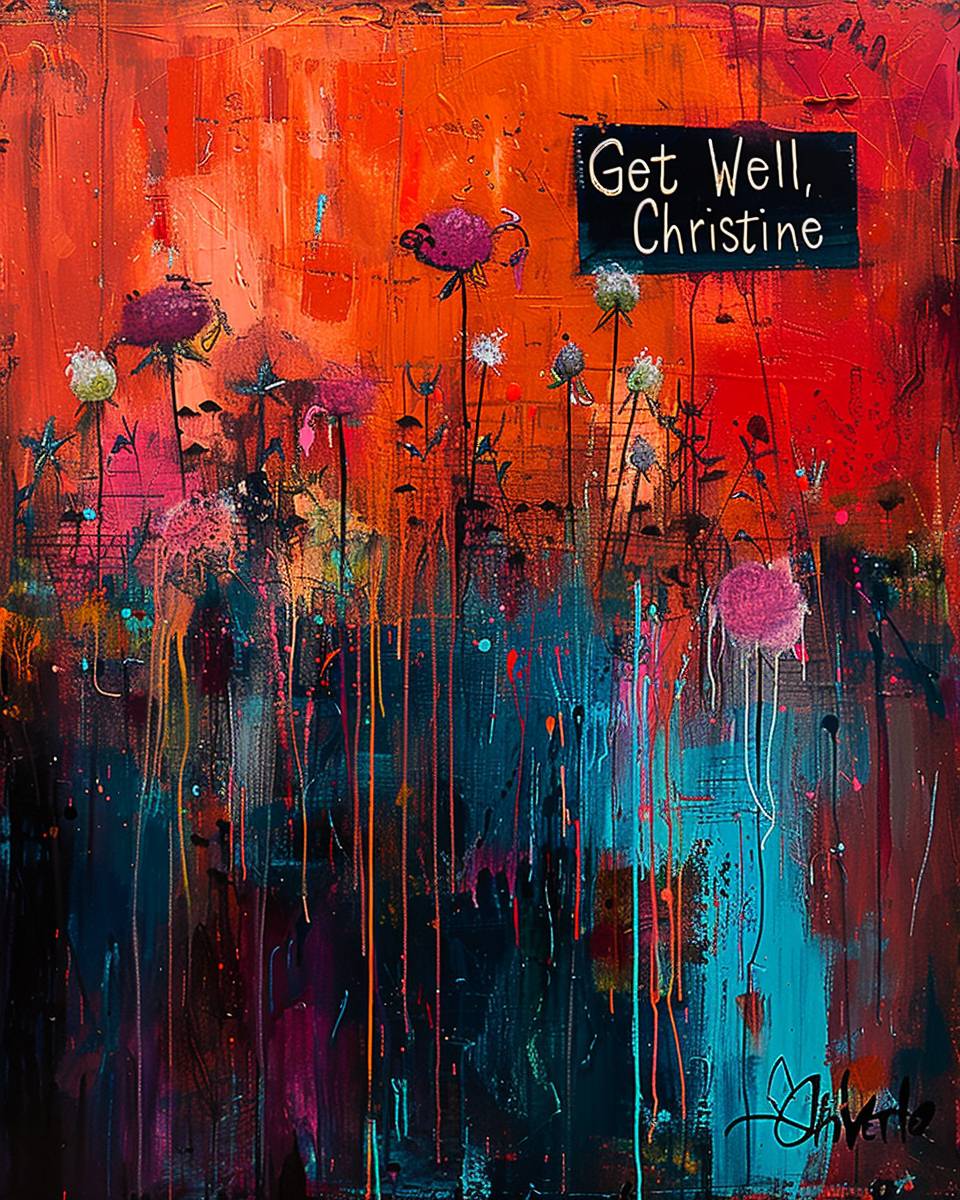Very creative and colorful card, with many flowers and the sign 'Get Well Soon, Christine'. Please make sure the spelling is correct.