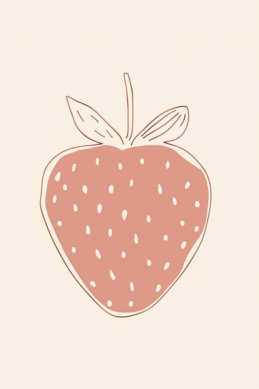 Minimalist line art of a single small strawberry, the lines are light pink, the seeds are dots, the strawberry is dark pink, cream colored background.