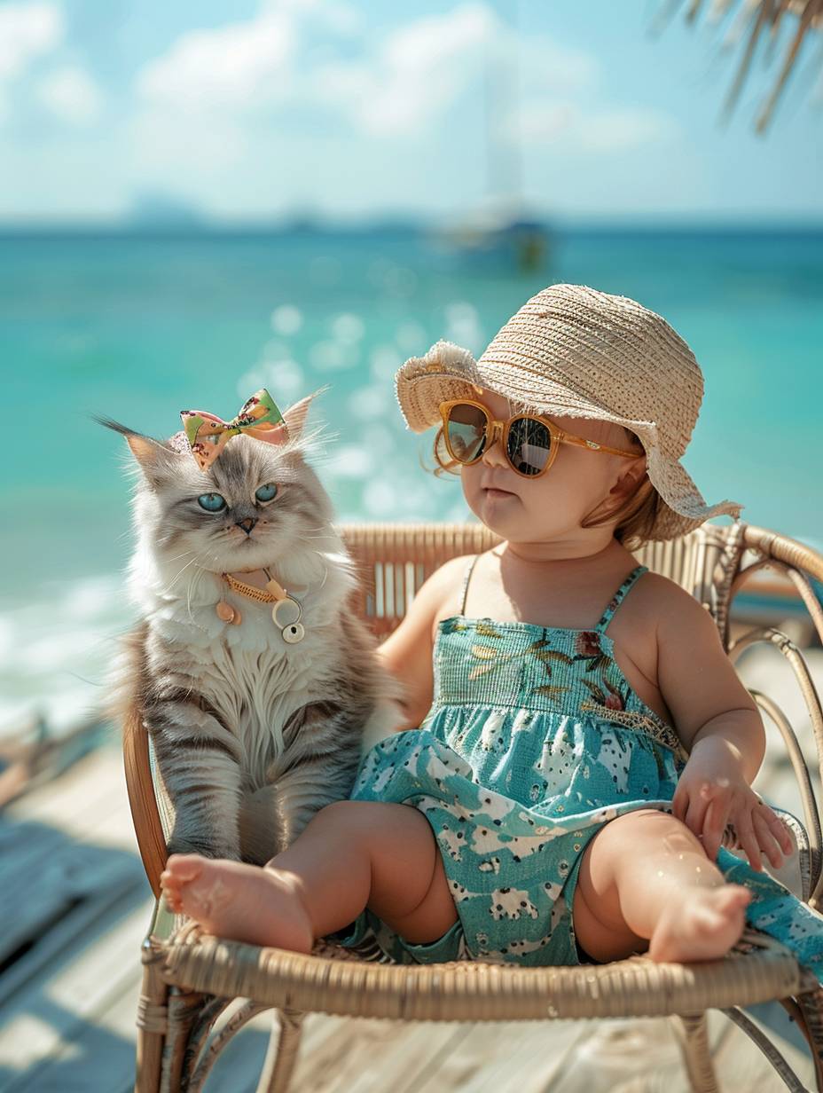 ビーチパンツを履いた可愛い女の赤ちゃんとスカートを履いた擬人化された猫が、椅子に座っている。クリーンな背景、鮮やかな色彩、猫は日よけ帽とサングラスをかけており、海岸、ビーチ、豊富なディテール、背景がぼやけており、遠くの景色、8k、正面図