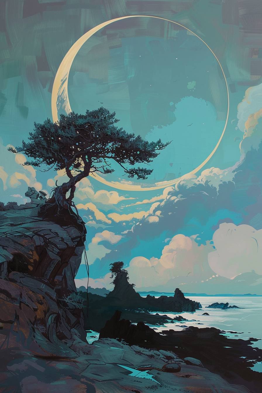 In the style of James Jean, Lunar eclipse casting a shadow over the land