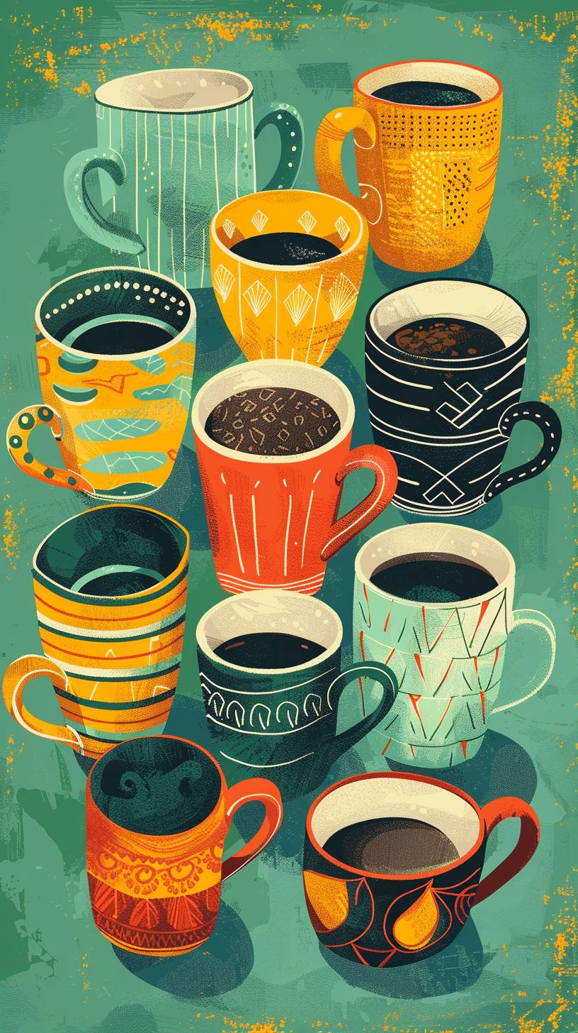 Illustration print of a bunch of coffee mugs in a variety of designs, on a color background --ar 9:16  --v 6.0