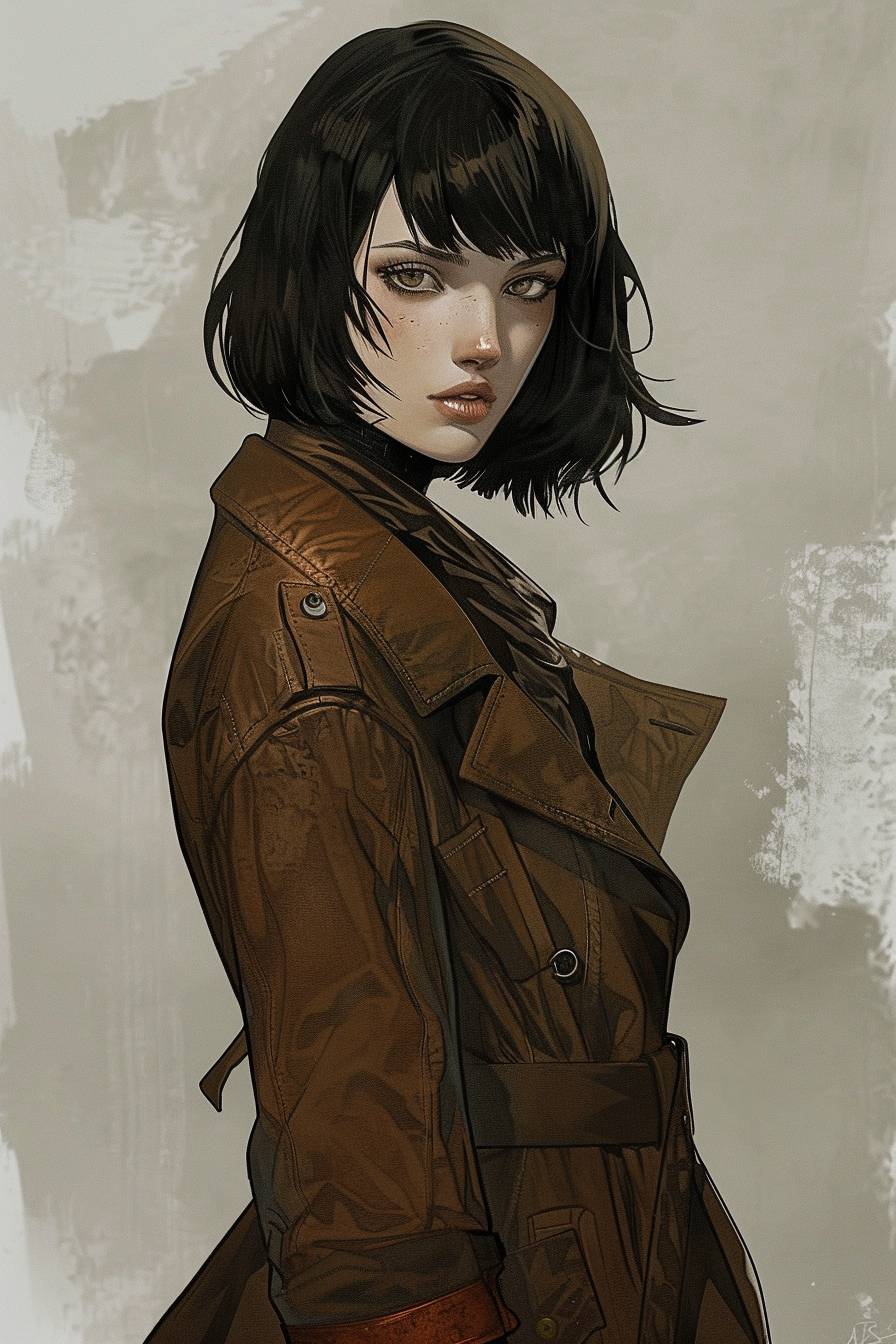 Young female wastelander, female wasteland survivor wearing a brown duster coat, with short black hair in a bob with bangs, survival attire, wastelander attire, Fallout New Vegas, Fallout, facing the camera, drawn in the style of a cartoon, cartoon art style, anime art style, Arcane art style