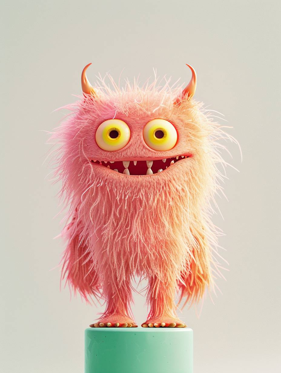 A cute pink furry monster with yellow eyes, standing on a green bar and smiling, in the style of David Hockney, on a white background, a simple flat illustration, with minimalism, pastel colors, soft light, a dreamy mood, vintage style, high resolution, high quality, high detail, with details, a soft focus, a studio photo shot, professional color grading.