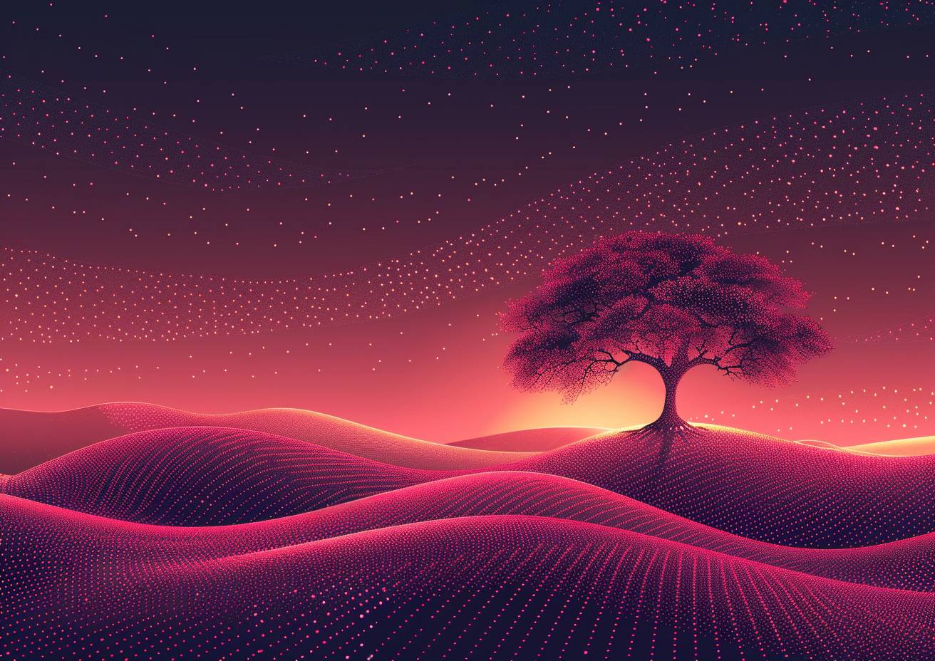 A vector illustration on a blank canvas, using pink and white phosphor dots of different sizes, forming a tree of life, rolling hills, negative space