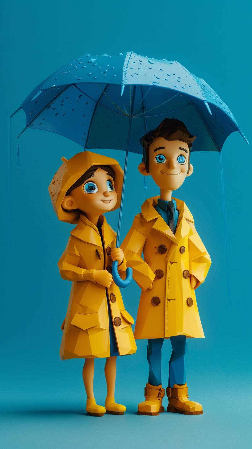 キャラクターデザイン、フルボディ、ディズニーピクサー製3Dアニメーション、男性と女性が黄色のレインコートを着用し、青い傘を持っている、幸せな瞬間、青い背景、シネマトグラフィー--アスペクト比9:16、バージョン6.0