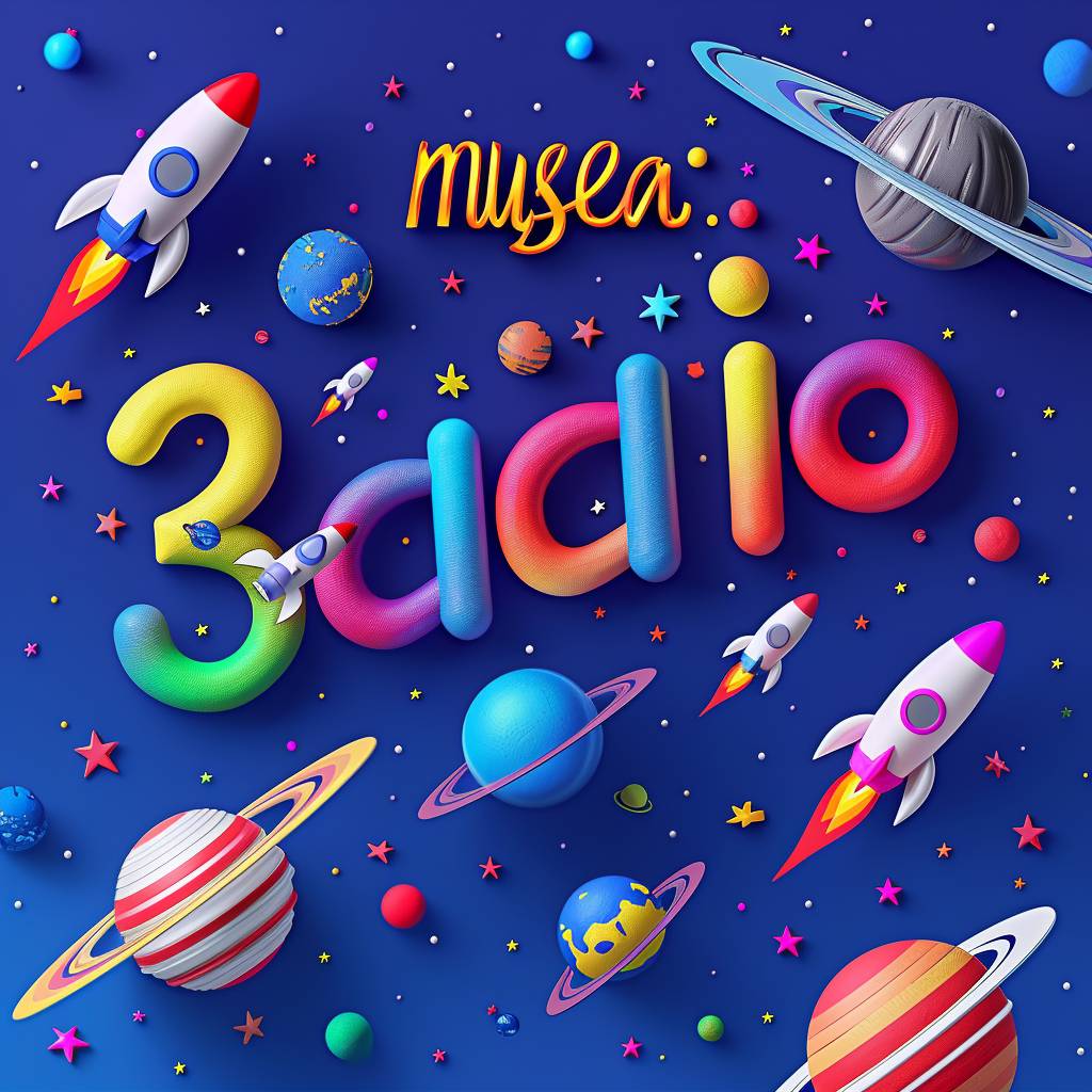 3D text "musesai.io" made of rockets, planets, and stars, on a deep blue background, in vibrant colors, in the style of a cartoon, with simple shapes, in a flat design, as digital art, bright color scheme