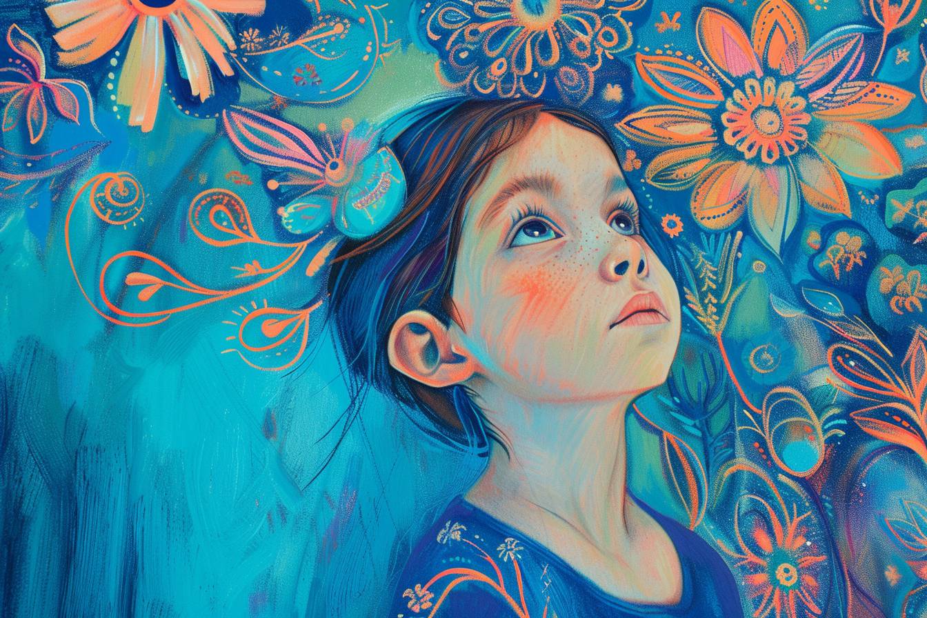 Child in the style of blue fantasy, vintage, pop surrealism, bright colors, pastel drawing.