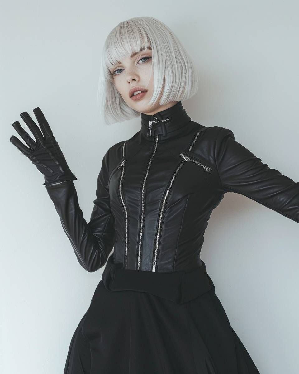A modern fashion portrait of a young lady with a joyful expression, her straight silver-blonde hair cut to shoulder length, dressed in a chic black outfit with a silk-like texture, featuring a high-waisted skirt with striking zippers, complemented by fitted long black leather gloves, against a soft-toned simple background, soft diffused lighting casting gentle shadows to accentuate the sleekness of the materials, full body shot with a hand elegantly extended towards the camera.