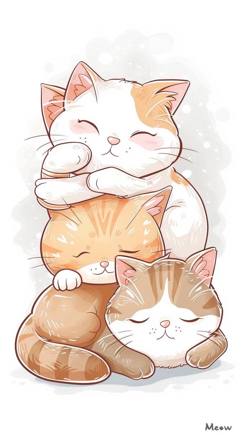 Cool Mosquino Teddykitty Family, "Meow" Cute Cats Drawings, Pastel Brown, White, Pink, and Ocre, Cute Sleeping, Super Cool Design Vectorized Super Clean, White Background, Sticker Format
