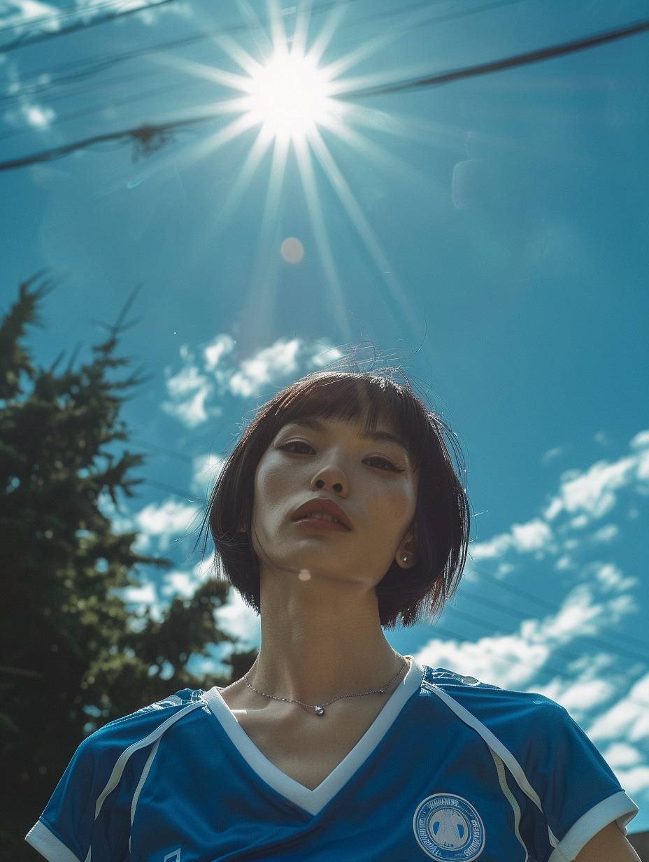 Female soccer jersey Astral of young Beautiful japan priest Blue short hair girl with striking Eyes and pouty lips, white skin.interplay of light and shadow.Dramatic composition. Solarium, shotting by fuji xt-5, sharp photography, intricate details