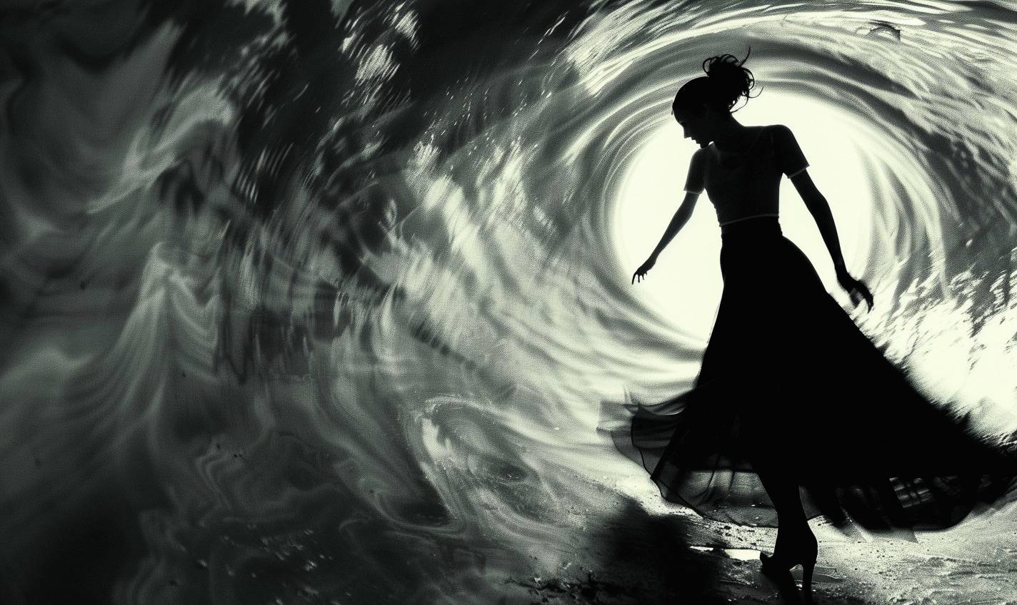 In the style of Lillian Bassman, cosmic journey through wormholes