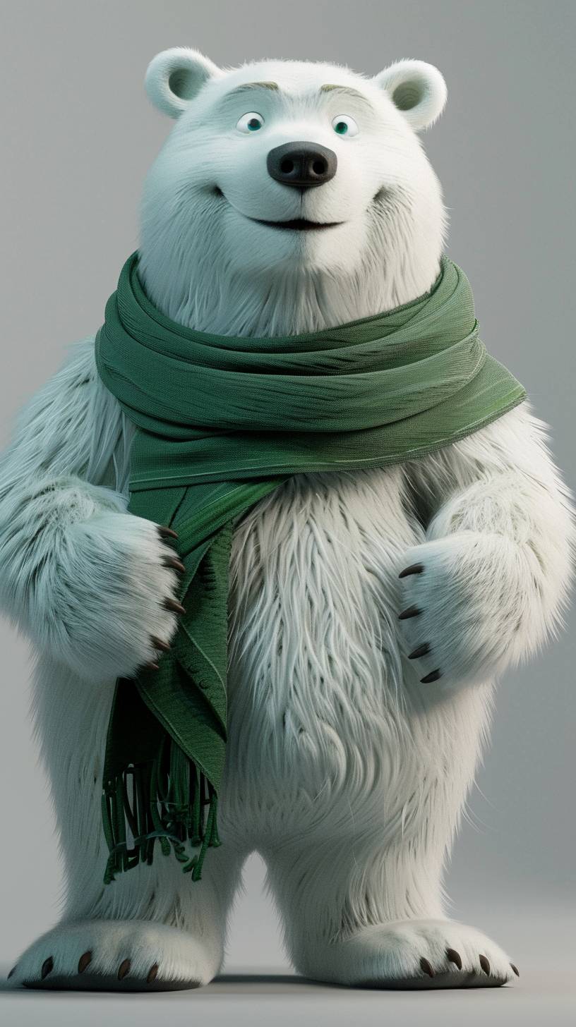 純白の3Dアニメーションの極地の熊、毛皮がふっくらして太っていて、超高画質で、すべての細部がはっきりしていて、緑色のマフラーをしています。スキンケア製品のマスコットで、カメラに挨拶しています。