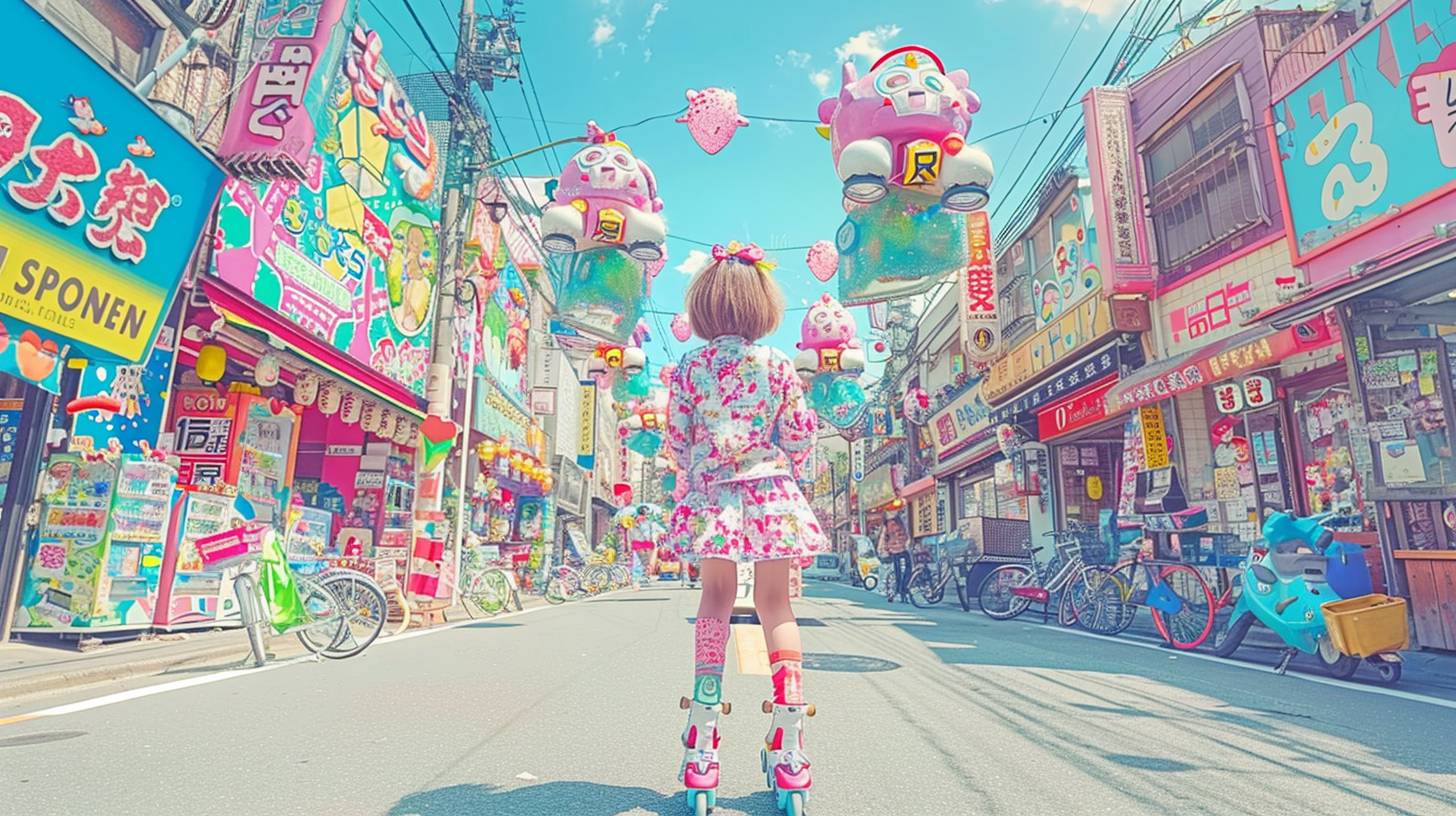 She's singing as she roller-skates down Alphabet street, wearing a cute skirt and jacket