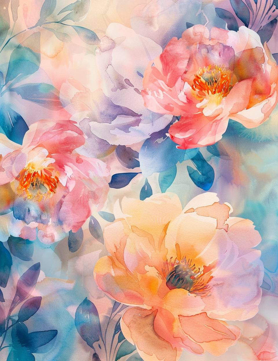 Whimsical abstract watercolor painting of soft dreamy peonies, in the style of Katie Daisy, Katie Vernon, Yao Cheng, pastel color palette, gradient background full page design