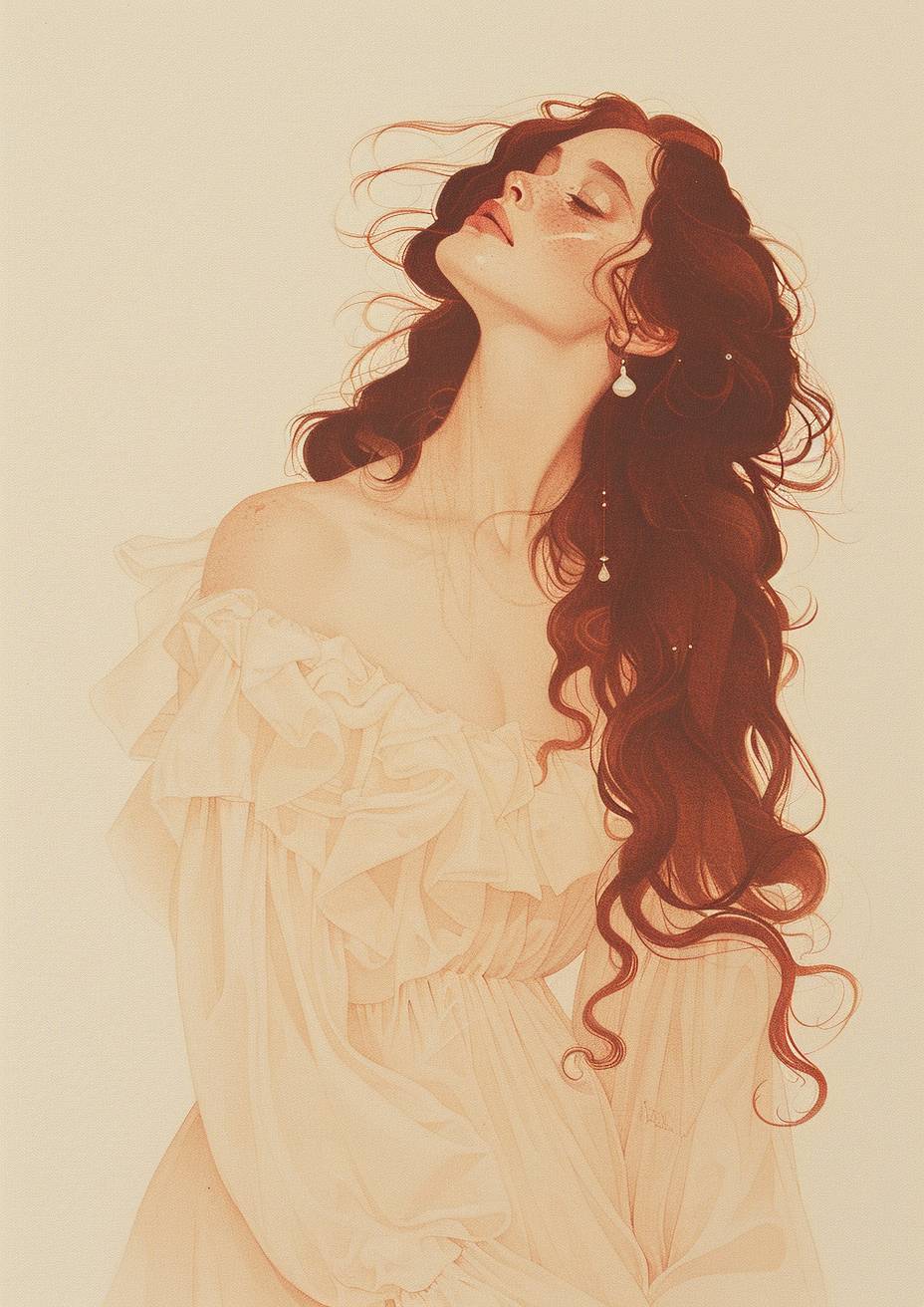 メアリー・ジェーン・アンセルによるハイパーリアリズムで超詳細な鉛筆と水彩イラスト、長い髪の美しい女性がヴィンテージドレスを着ているポートレートを描いており、遊び心と皮肉味があり、豊かで詳細、魅力的な顔のイラスト