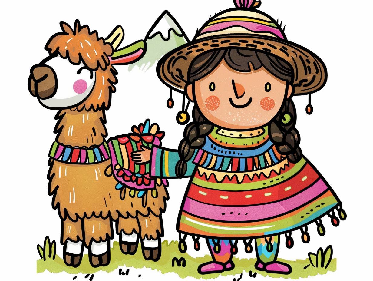 Hand drawing cartoon style 2D stick figure of a Quechua girl and her llama, wearing a colourful poncho, very detailed, high quality