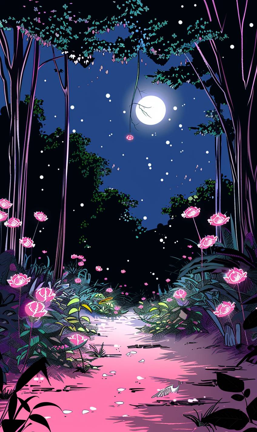 輝く植物、幻想的な生物、そよ風に包まれた神秘な魔法の森、柔らかな月明かりが幻想的な雰囲気を作り出す