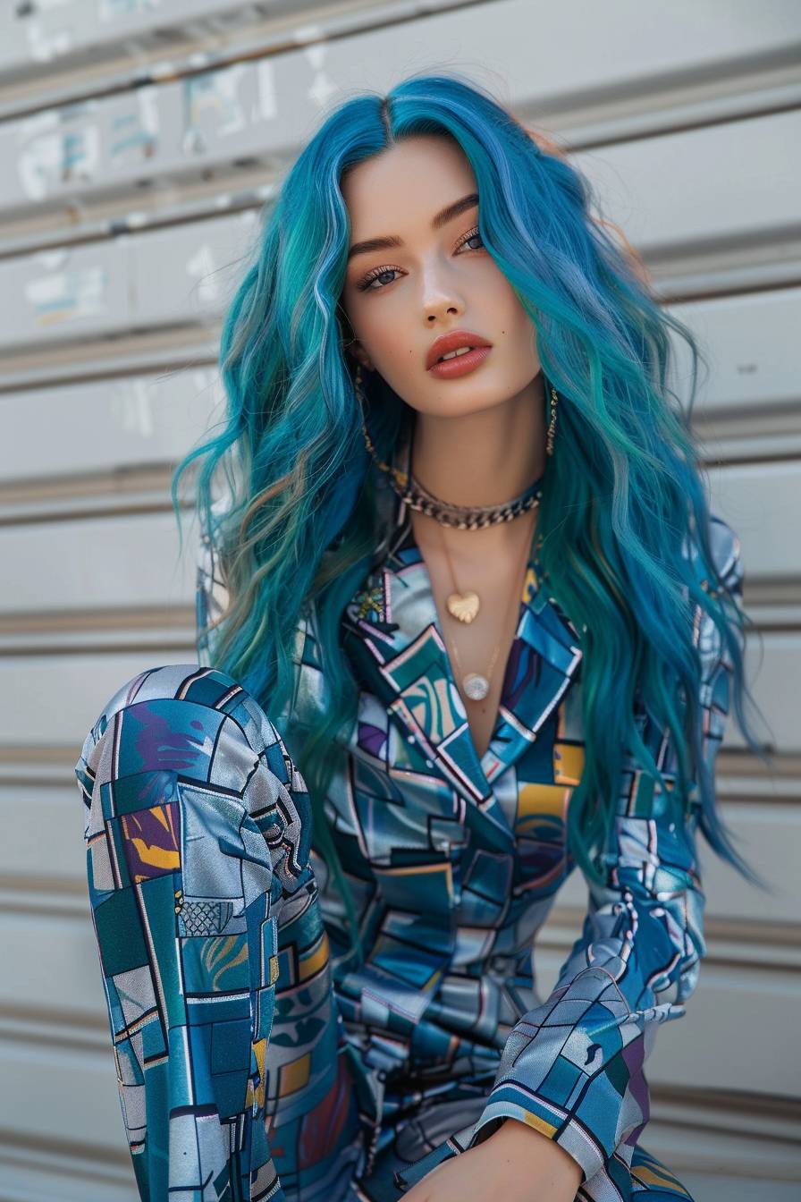 A young stunning woman with vibrant blue hair, wearing a metallic jumpsuit adorned with geometric patterns reminiscent of Retro Futurist Dadaism