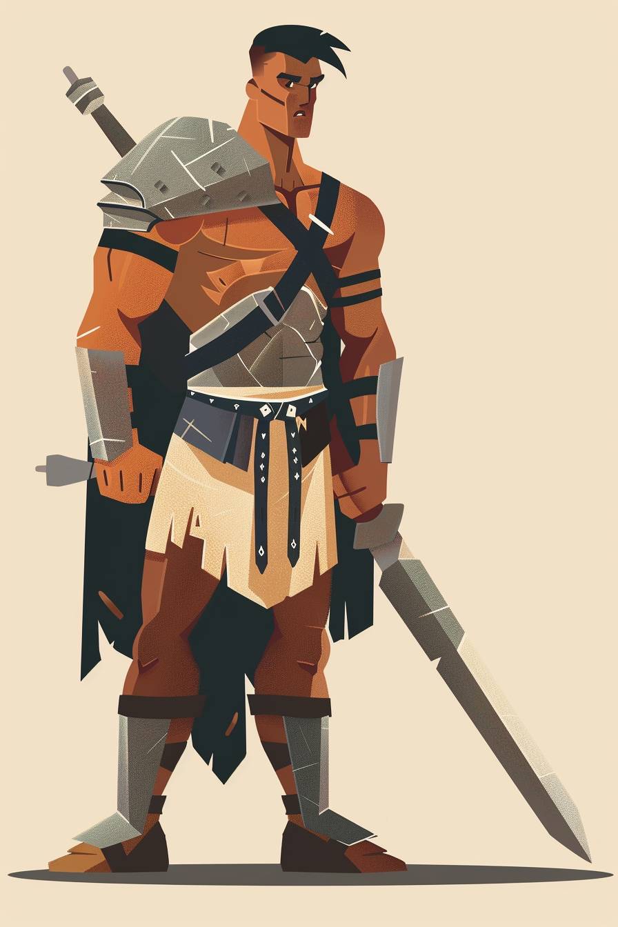 エリック・カール風のスタイルで、戦士のキャラクター、全身、フラットカラーのイラスト