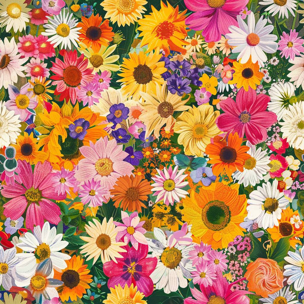 A patchwork of summer flowers, including sunflowers and daisies, in a bright, seamless garden pattern.