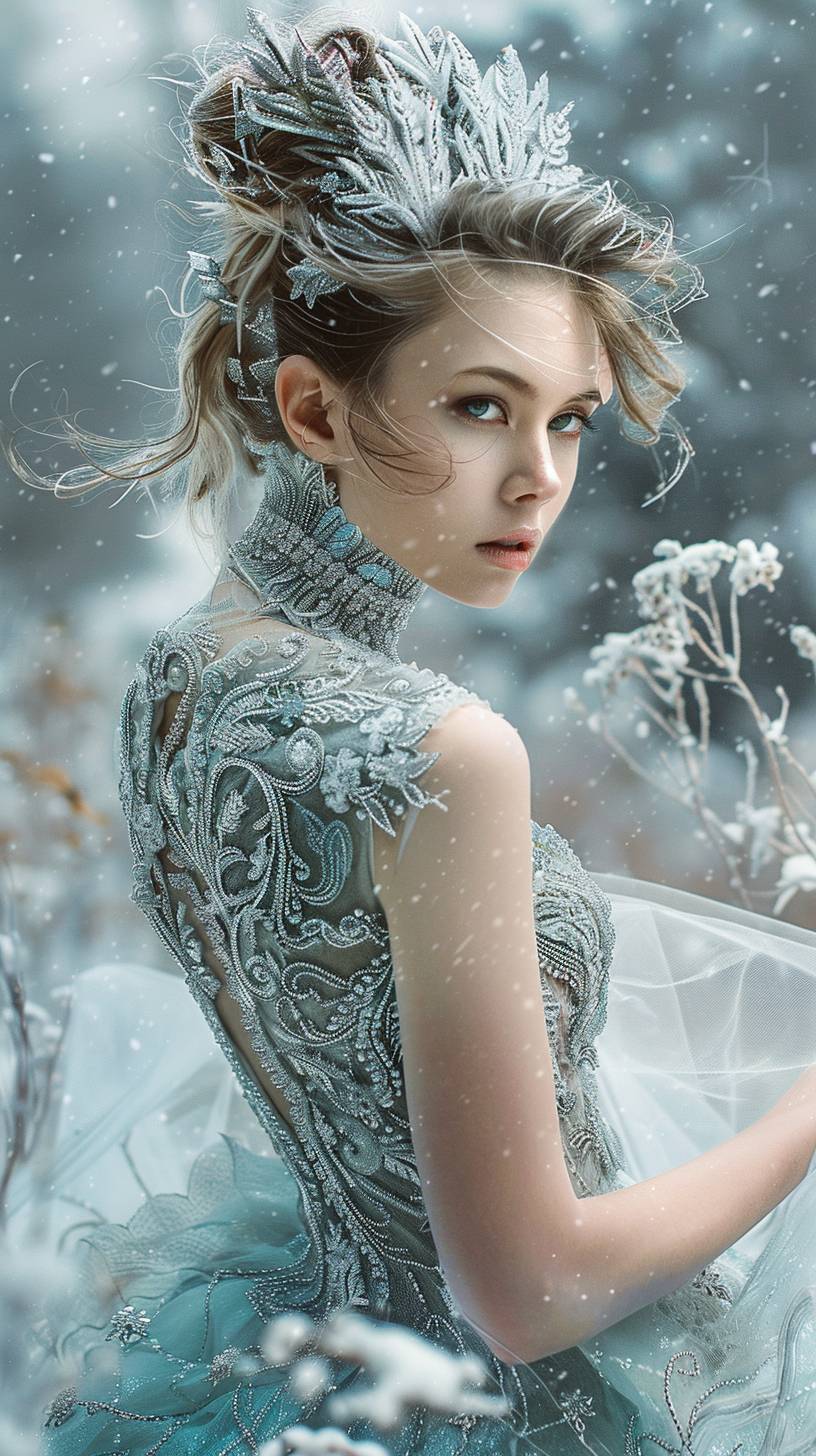 Young stunning woman in a Frostwork Filigree dress