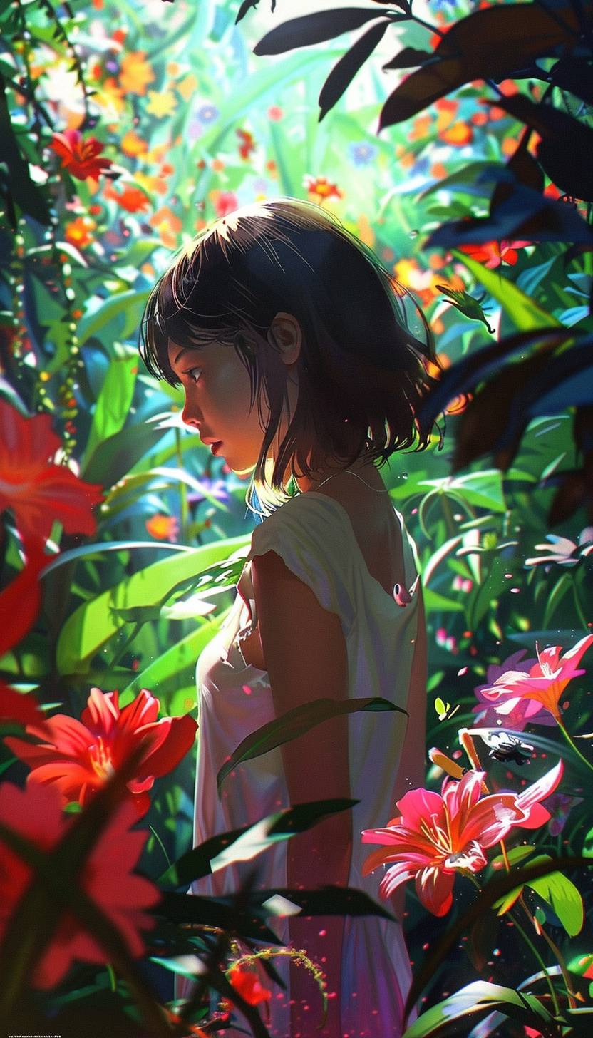 In the style of Ilya Kuvshinov, a mystical garden blooming with enchanted flowers