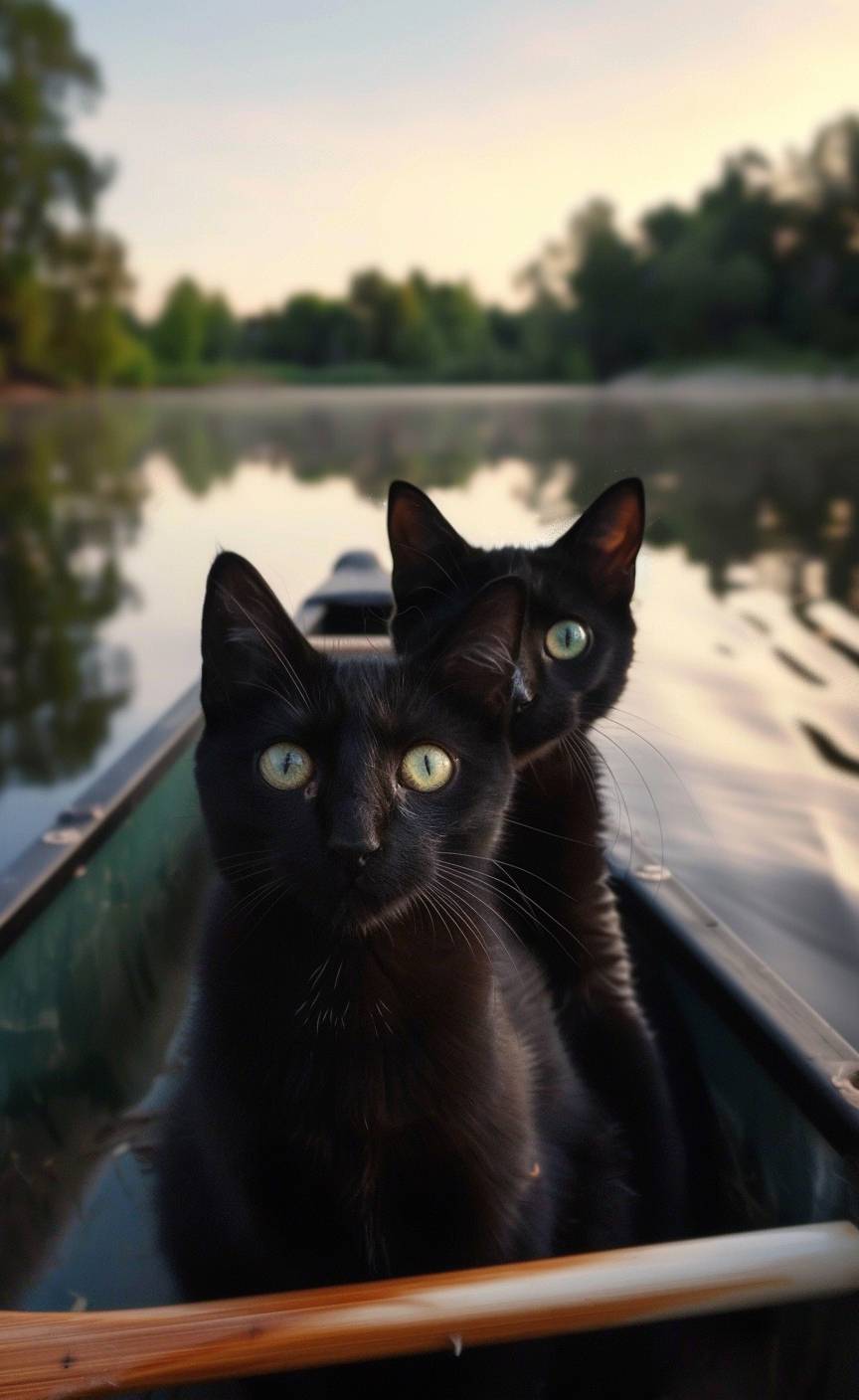 2018年、夕暮れ時、低いカメラアングルで撮影された、湖の上のカヌーに乗る2匹の緑の目をした黒い猫の携帯動画が、Snapchatに投稿されました。