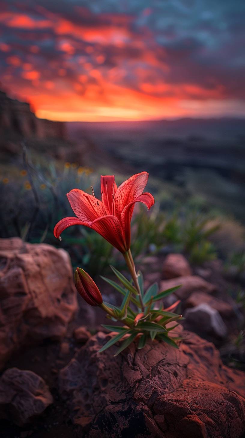 夕暮れ時の崖の岩場で、一輪の赤いユリが咲いている。その鮮やかな花びらは、夕日の暖かい赤みを捉えている。全体のシーンは単色の赤い光に浴し、劇的で印象的な風景を作り出している。ニコンD850を使用し、崖と夕焼け空のぼやけた背景が赤いユリの大胆な美しさを強調している。