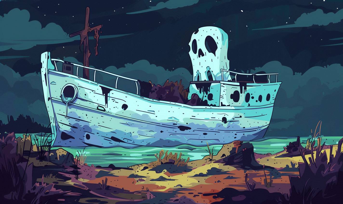 In the style of Allie Brosh, a ghostly shipwreck on a haunted shore