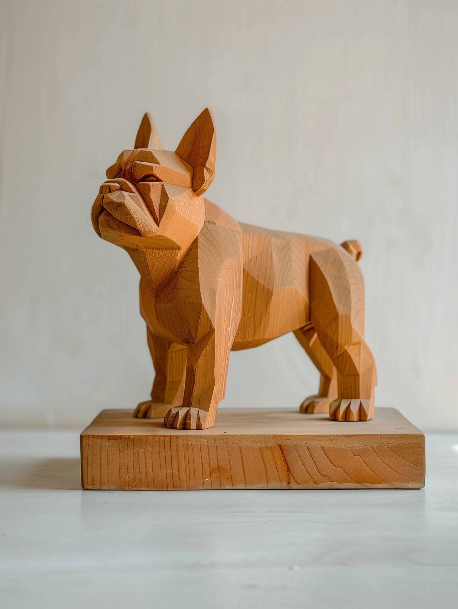 A sculpture of a French Bulldog made of wood, standing on a wooden base. The sculpture is highly detailed, with a clean white background to ensure clarity of all details. The scene was photographed in the afternoon using a DSLR camera with a macro lens. The film used was Fujifilm Pro 400H, known for its excellent color accuracy and fine grain, enhancing the visual impact of the design. 8kHD - aspect ratio 3:4 - style raw - version 6.0