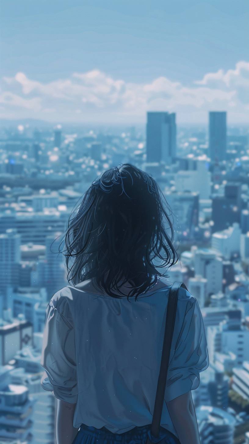 Tokyo city background, daytime, anime girl looking at view on top of building, lo-fi style, for Instagram stories, white and blue, bright soft pastel colors, youthful energy, Ghibli Studios style, dreamy lo-fi aesthetic, bright and colorful, simple and minimal, beautiful scenery, high resolution, high detail, ultra high quality, high contrast, high definition, high clarity.