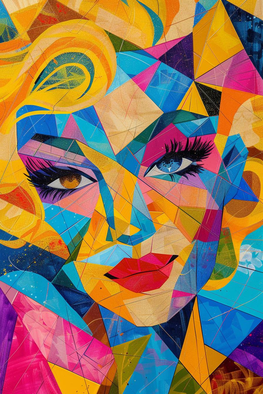 Cubism. A cubist abstract acrylic painting of singer Dolly Parton. 50 years old. Big blond hairstyle. Colorful cubist face. Art Deco colors. 1980s cubism. Fluorescent color background. In the style of Full Woman, Cubism Art Print by Atelier ArtesIA.