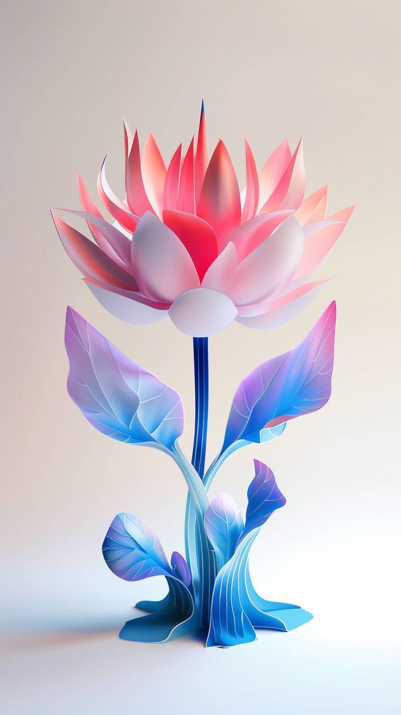 A 3D single botanical tall lotus flower plant art in pink to blue saturated color on a white background, in the style of minimalist sculpture, spotlight in the center, colorful woodcarvings, piles/stacks, colorful animation stills, majismo, fluid, organic forms, full f10 aperture -- aspect ratio 9:16 -- video 6.0