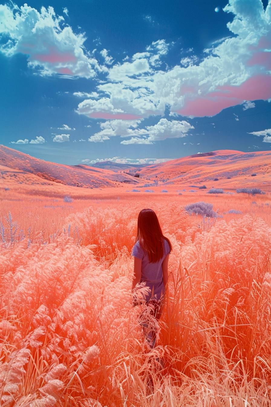 Young stunning woman. Infrared photography of an orange and pink landscape with tall grasses, shrubs, and hills in the background, under a blue sky with white clouds. The landscape is characterized by high contrast.