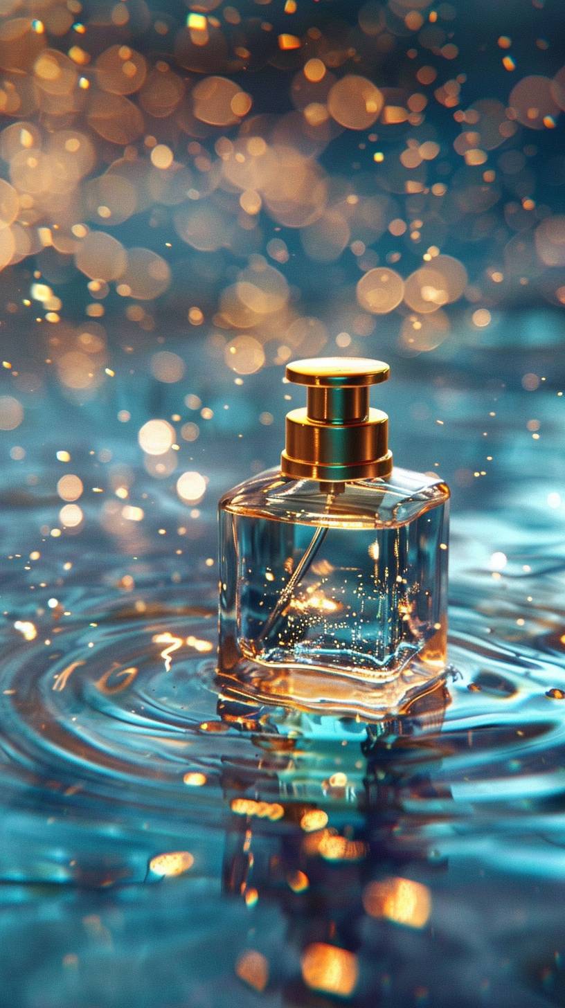 水中の香水。神秘的で贅沢な質を持ち、金と青の配色、水が凍りついたように。