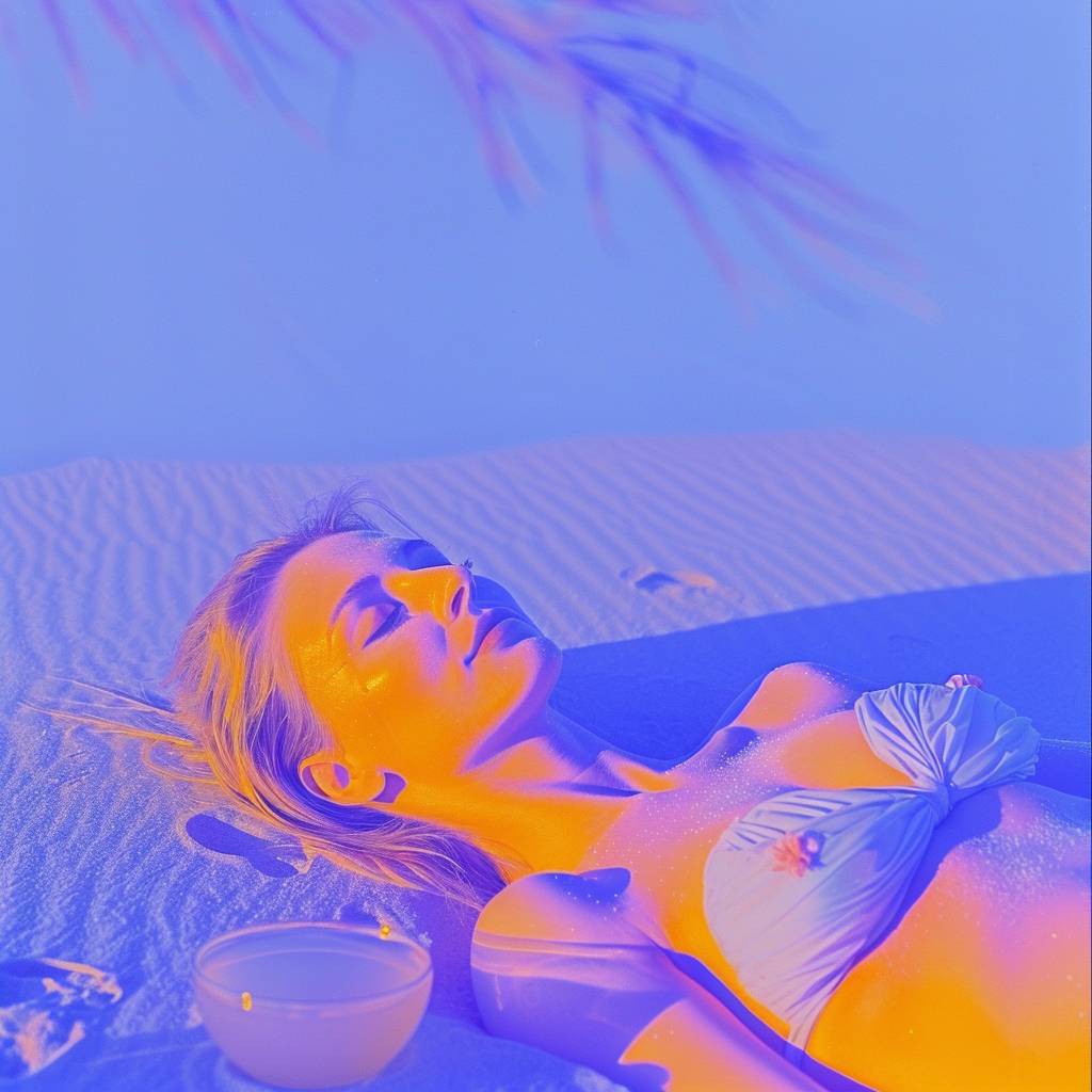 Photo of a woman lying on sand, cocktails, wearing a bikini