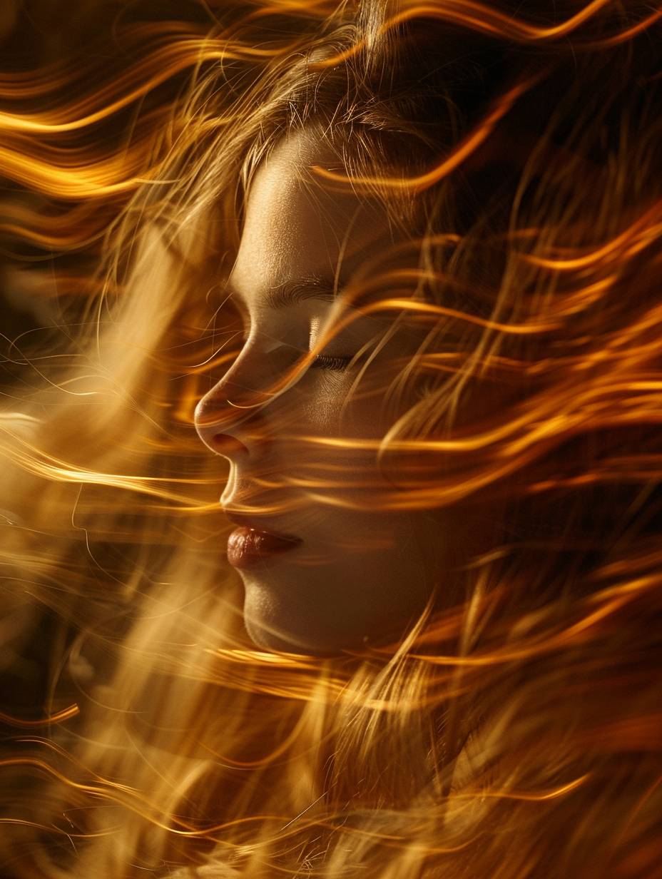 Beautiful woman with long hair, long exposure, dark background, light painting in amber, close-up, light orange hues, blurred brushstrokes, blurriness, wind, and blonde curls.