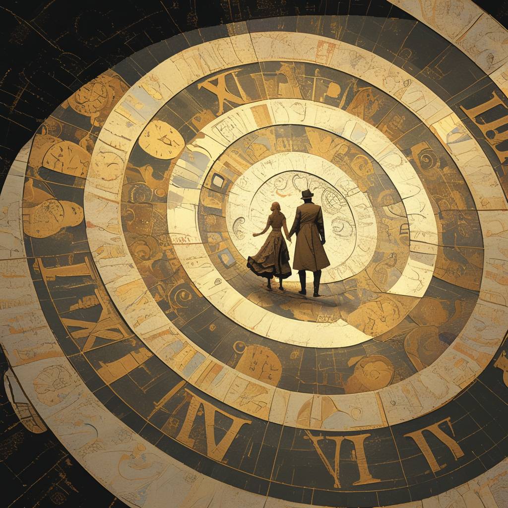 螺旋状の時計の上を歩く2人の恋人を描いた気まぐれなイラスト。各ステップが異なる時間を表し、ベージュとライトパープル、ヴィンテージ風デザイン、入り組んだ時計や砂時計の背景に対する古びたシルエット。過去の知恵を経て成長する象徴。Unreal Engine 5、3Dレンダリング