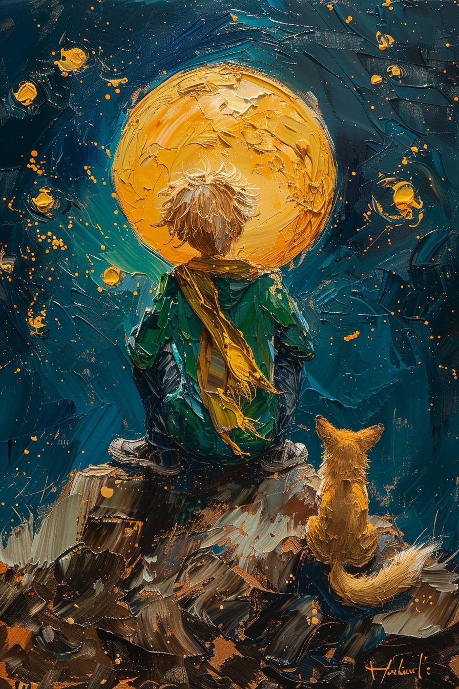 An oil painting showing the back of The Little Prince, sitting on top of a big yellow planet, wearing a long yellow scarf, green cloth, blonde short hair, and a fox, universe, background is the starry night from the painting by Van Gogh, oil brush art.