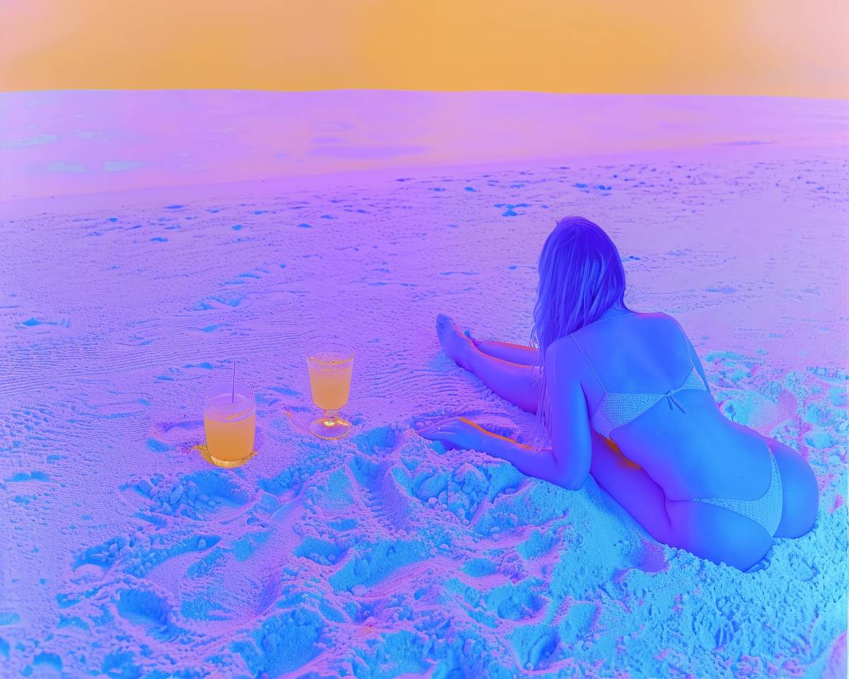 砂浜に寝そべる女性、カクテルを飲み、ビキニを着ている写真