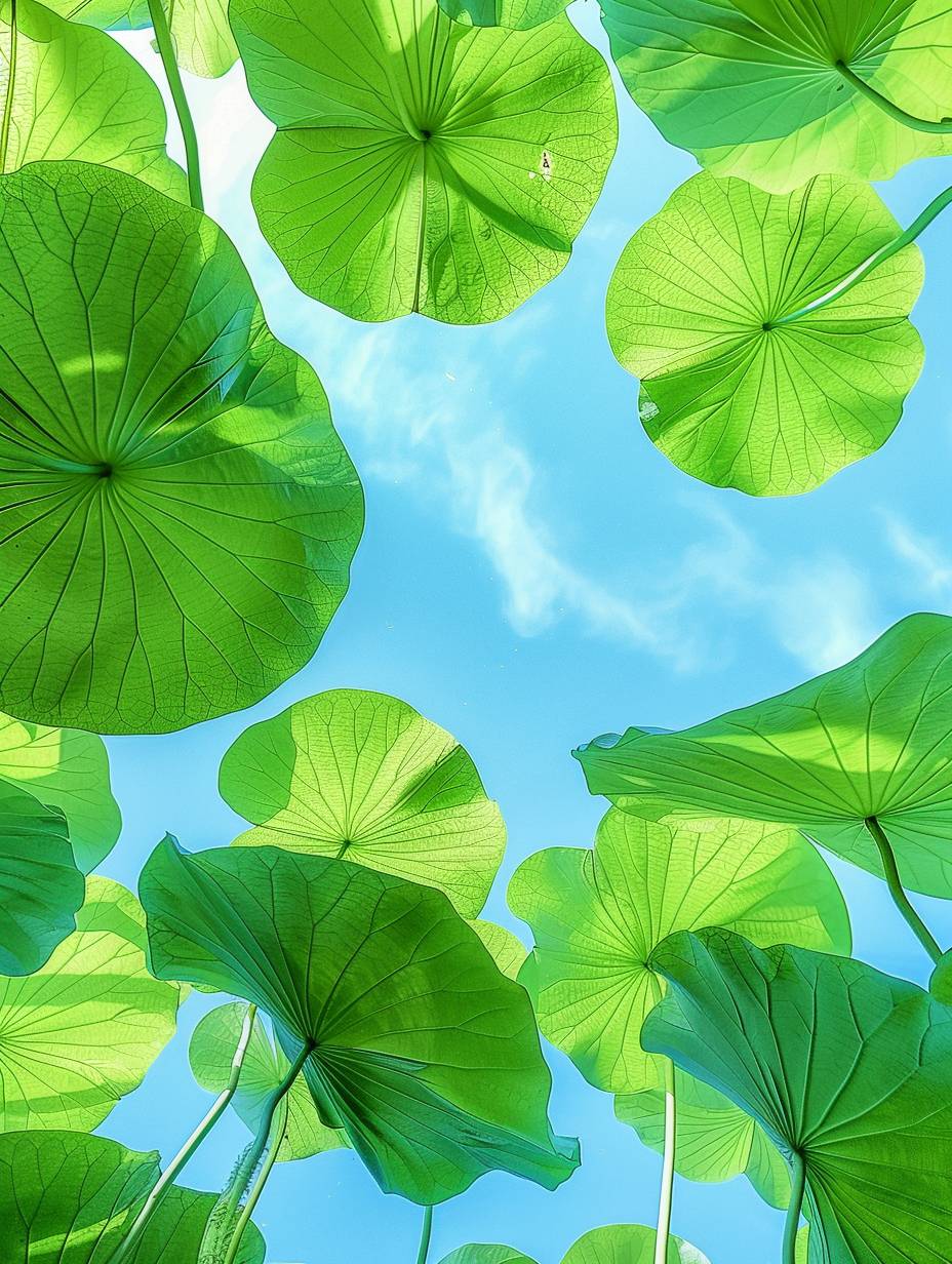 Lotus Pond Photography, upward angle, lotus leaves, water surface, duckweed, blue sky, high saturation, natural light, fresh green, vitality