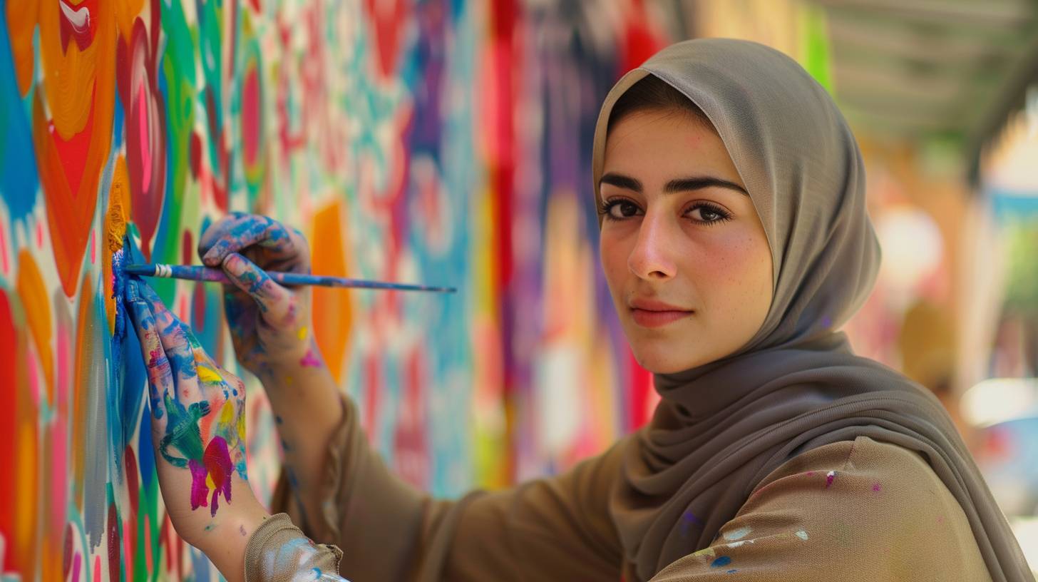 A young woman wearing a hijab is painting a mural. She has warm brown eyes with colorful smears on her hands. It is afternoon in a Middle Eastern city. The bustling market and ancient architecture can be seen in the wide shot, showing her full body. The bright lighting highlights the vibrant colors of the mural, which has a high saturation.