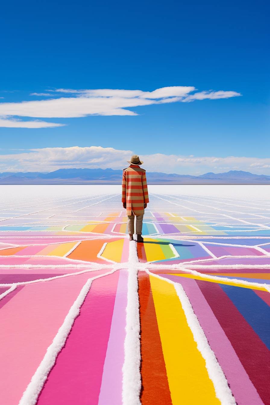 Visualize a large, reflective salt flat in Bolivia, where Graafland has created an intricate, geometric pattern using colored salt. In the center, a solitary figure stands, dressed in a flowing, brightly colored garment that blends with the artwork. This scene is shot with a Nikon Z7 II, capturing the vastness and the surreal quality of the artwork against the stark, white background