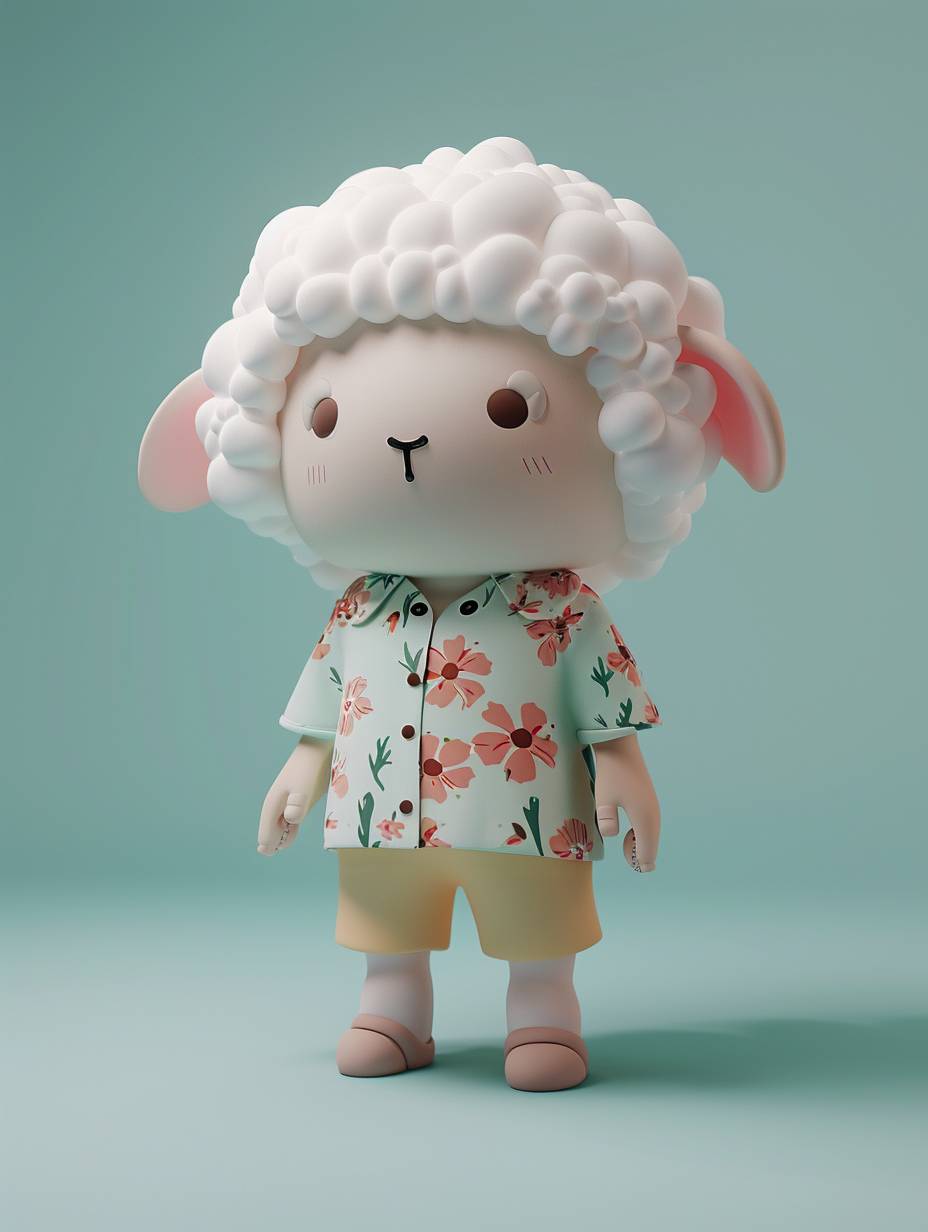Blind box style, a sheep, chibi, Floral shirt, little shorts, standing, cute, simple design, few details, clean background, C4D, natural lighting, best quality, 8K, 3D, HD, OC renderer