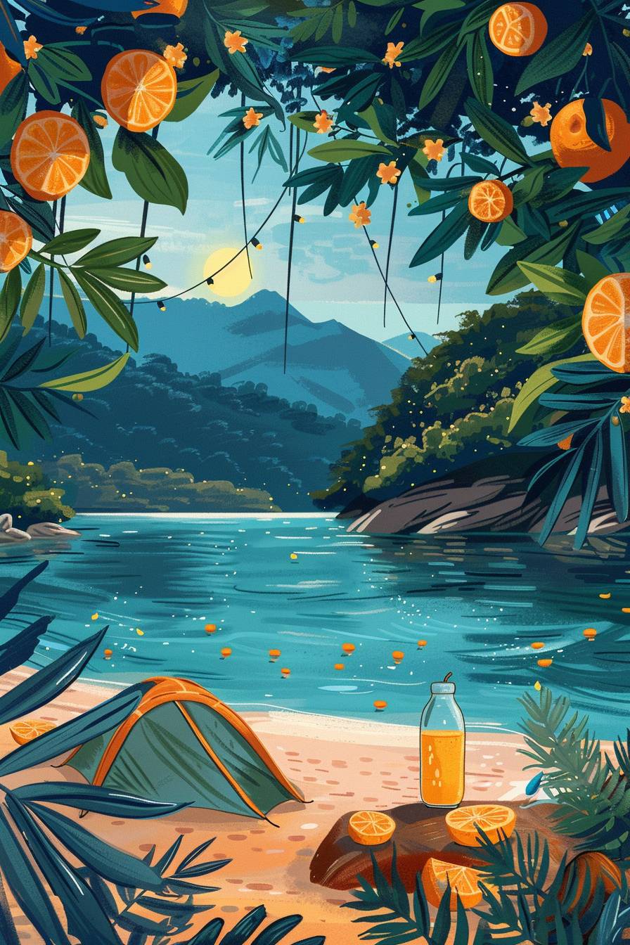ヒルトップキャンプ，ジャスミン，オレンジジュース，ランタンフルーツ，明るく活気のある，湖畔，日光，子供の絵画スタイル