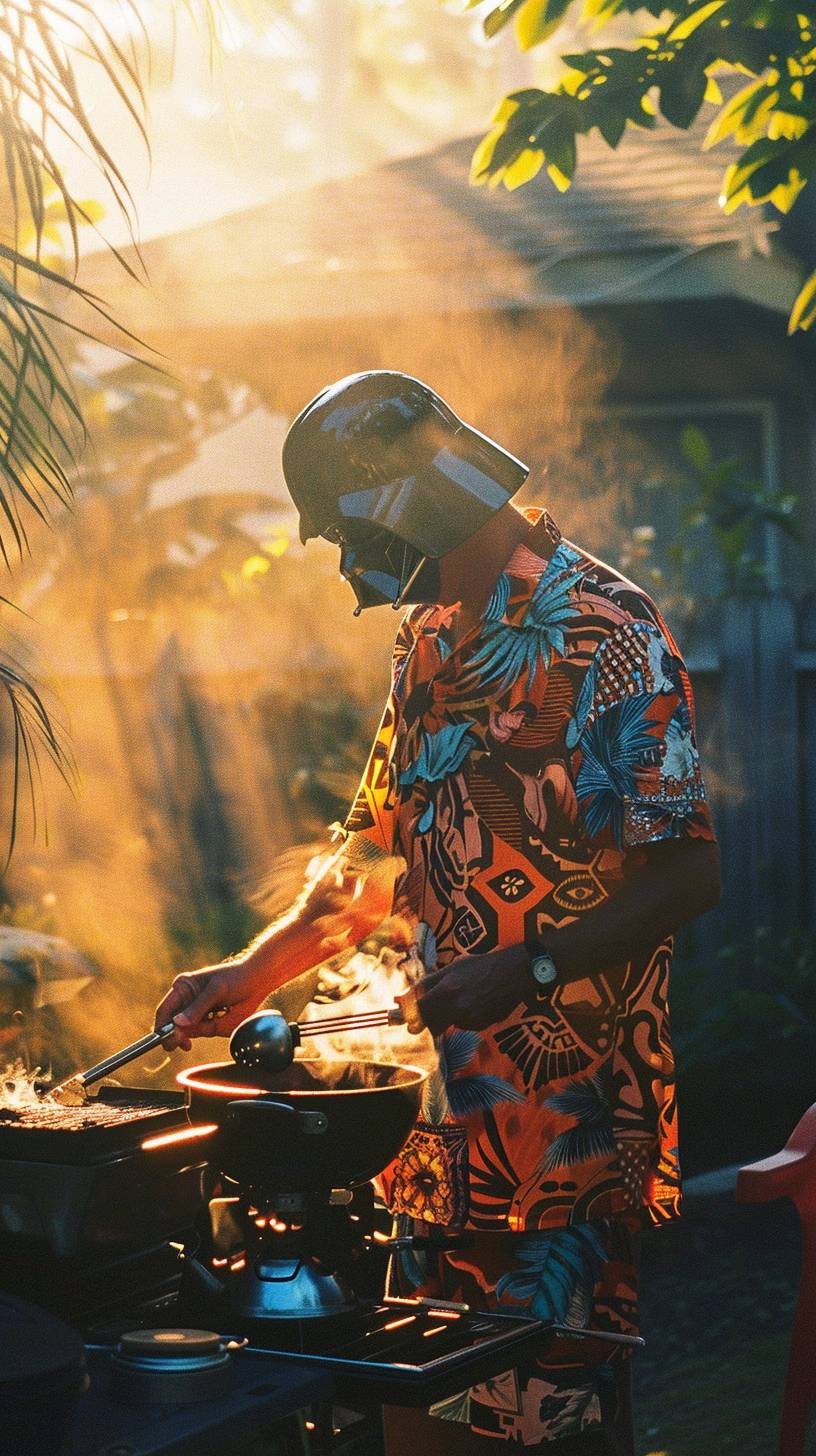 Candid photography, happy dad cooking barbecue in the garden, wearing a Hawaiian shirt and a Darth Vader mask, backlighting with Ektachrome