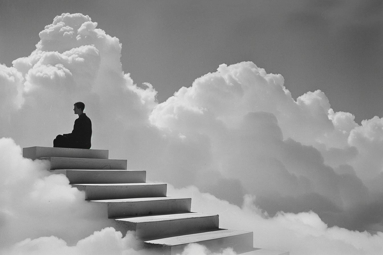 ギルベルト・ガルサンによる『想像力』のシリーズには、雲の階段の第7段目に座っている男性が含まれています。