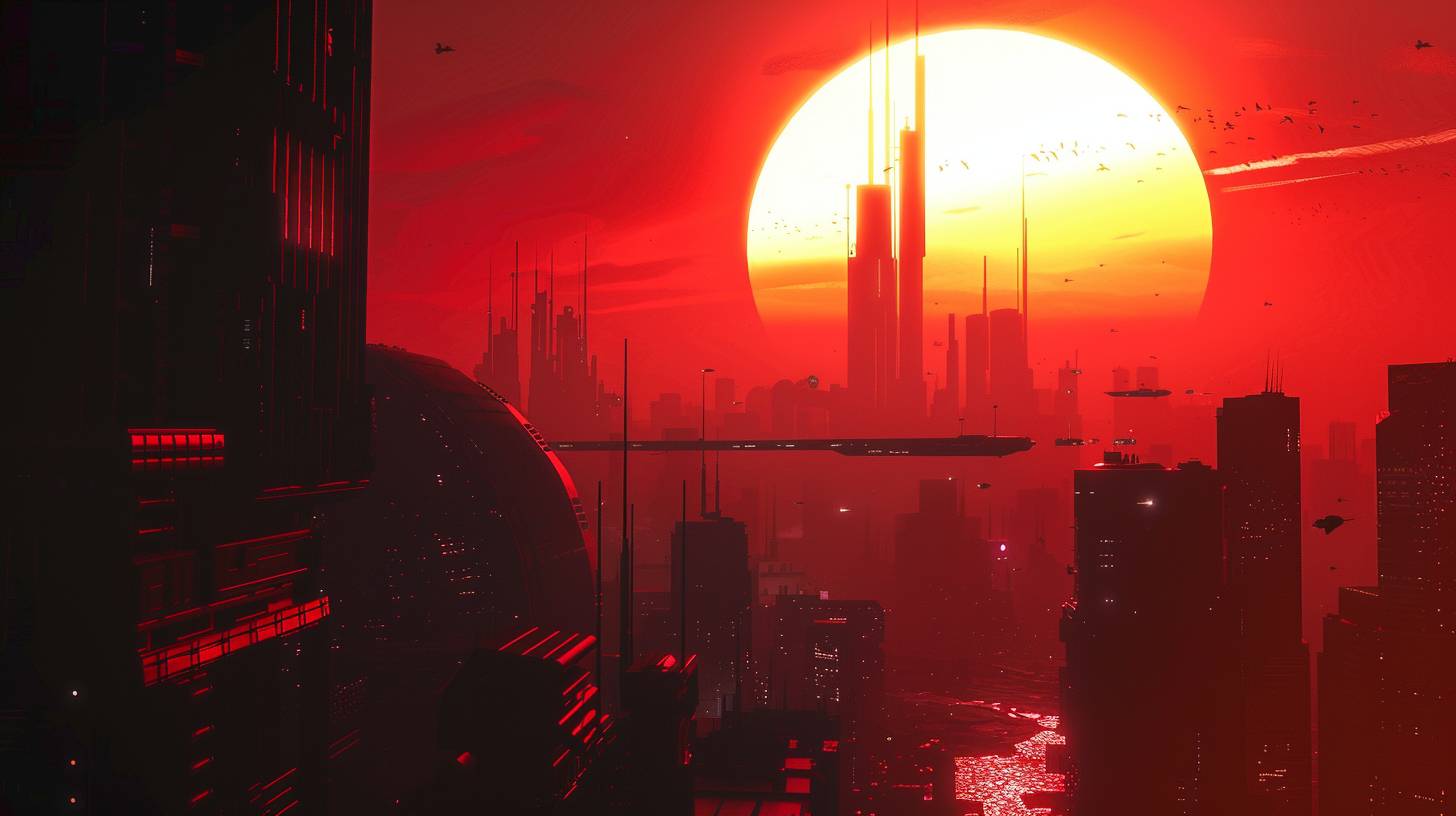 A fiery, pulsating sun dips below the horizon, casting a vibrant crimson glow over a futuristic cityscape, its sleek, metallic structures reflecting the fading light
